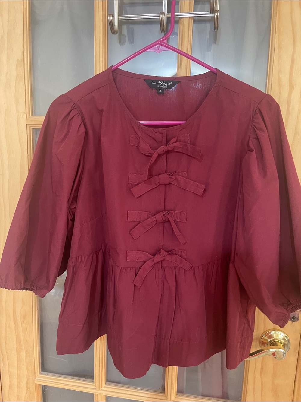 114. Velvet Heart Burgundy Bow-Front Peplum Blouse